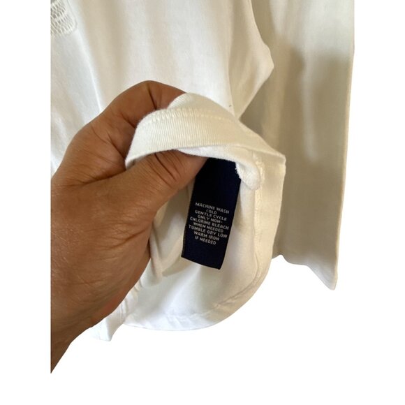 Chaps White Cotton Lace Trim Crochet Top Pearl Buttons 3/4 Sleeve Petite PL - Picture 5 of 7